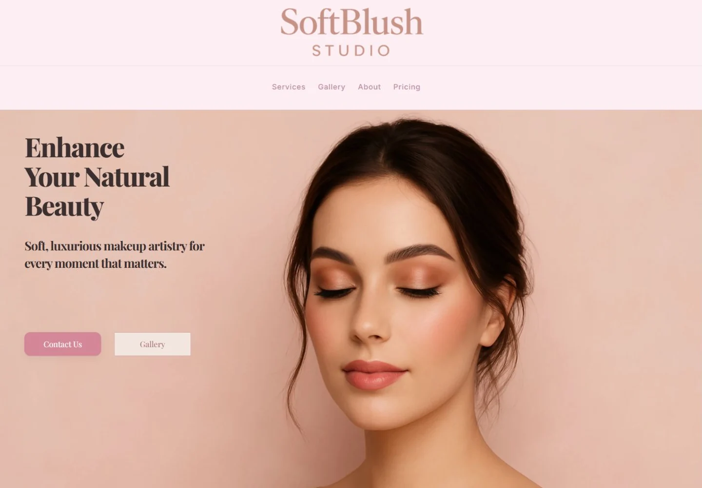 Beauty studio concept with blush colors, serif headlines, and a large makeup portrait.