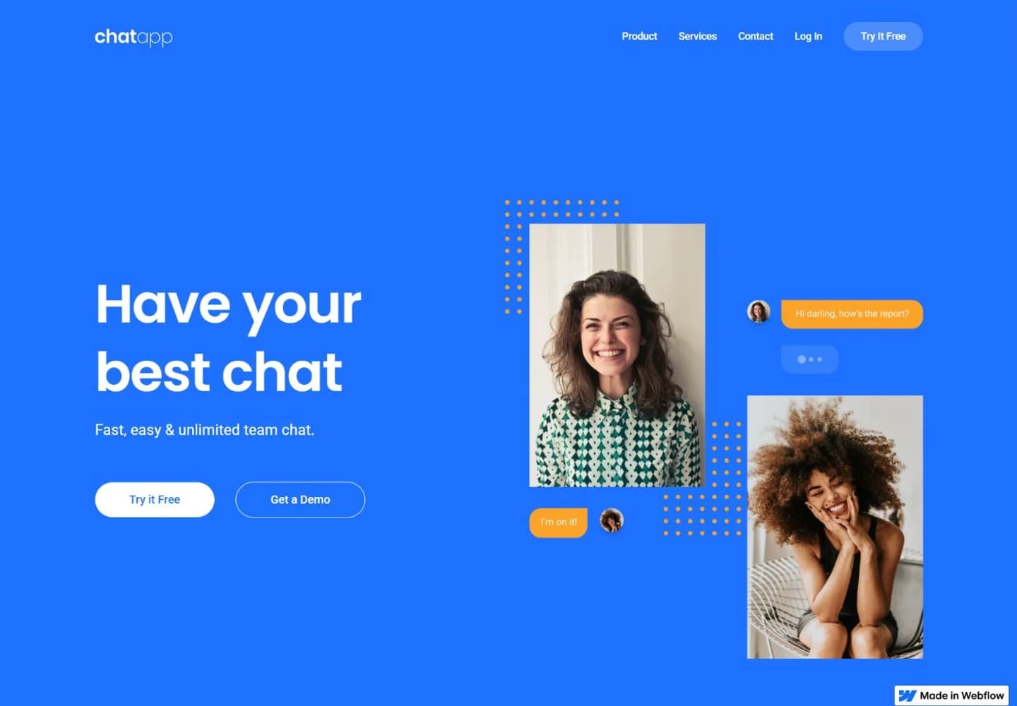 Chat app landing-page concept with a blue hero, conversation bubbles, and portrait imagery.