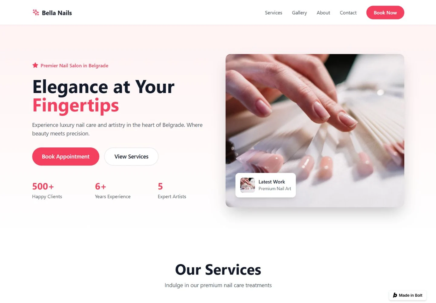 AI-assisted nail studio concept with a pink split hero, manicure photography, and service booking buttons.
