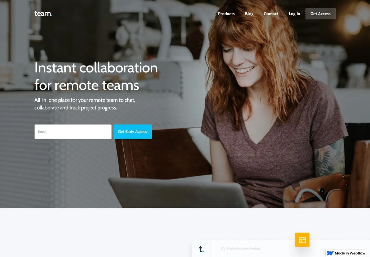 Team collaboration concept with a photographic hero and an early-access signup layout.