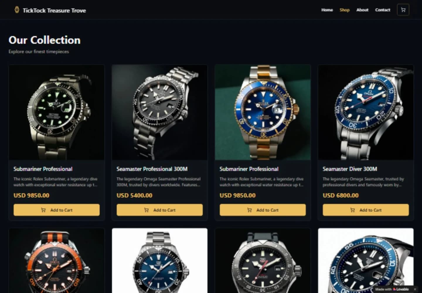 Watch storefront concept showing a dark product catalogue with watch photographs and gold cart buttons.