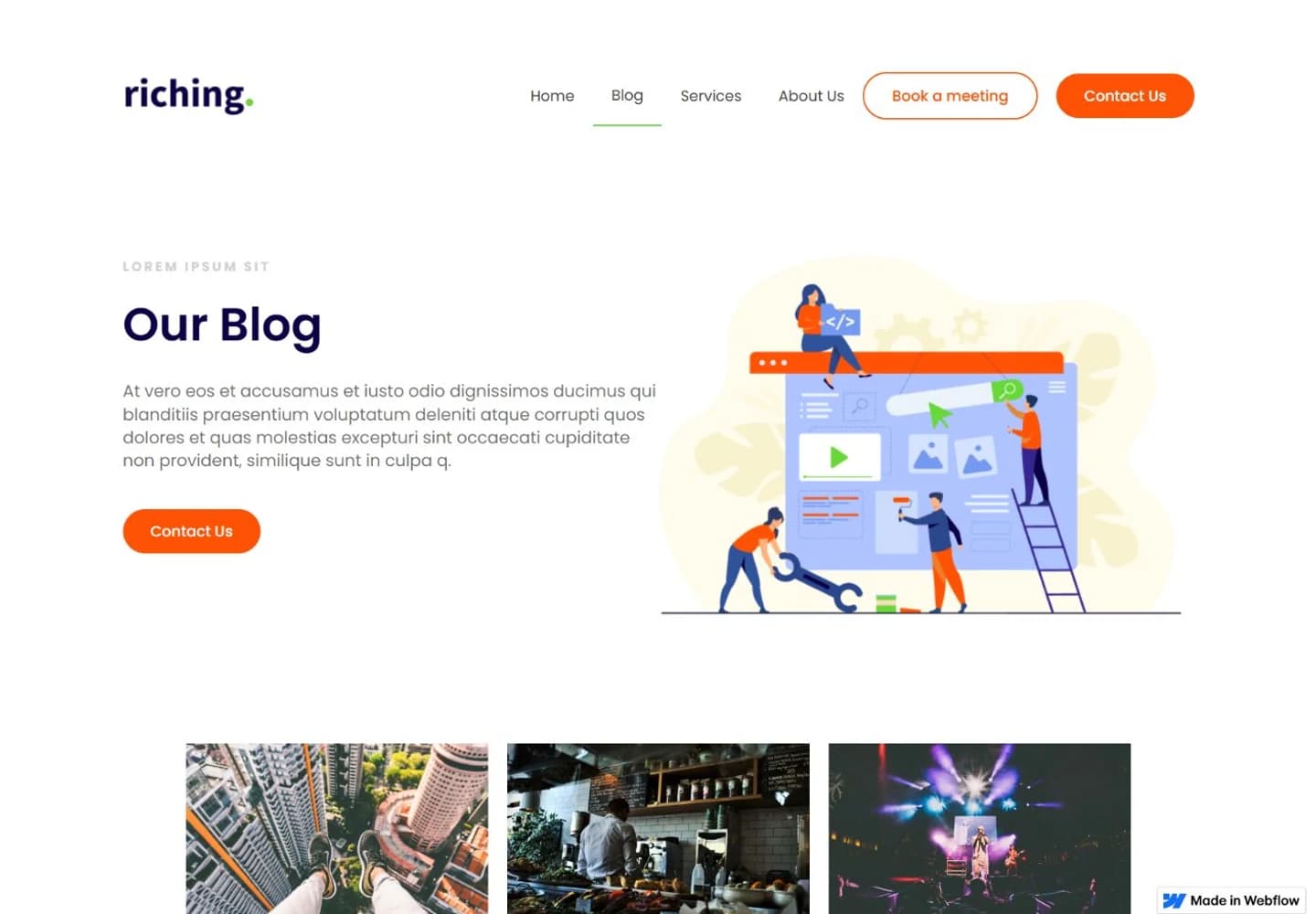 Webflow CMS blog concept with an illustrated hero, orange accents, and a grid of article images.