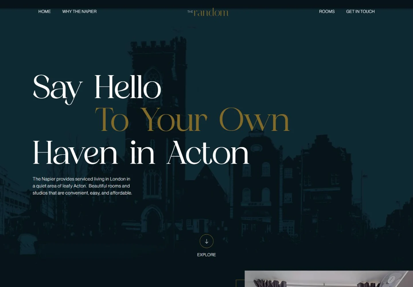 Webflow accommodation concept with a dark teal architectural hero and large serif lettering.