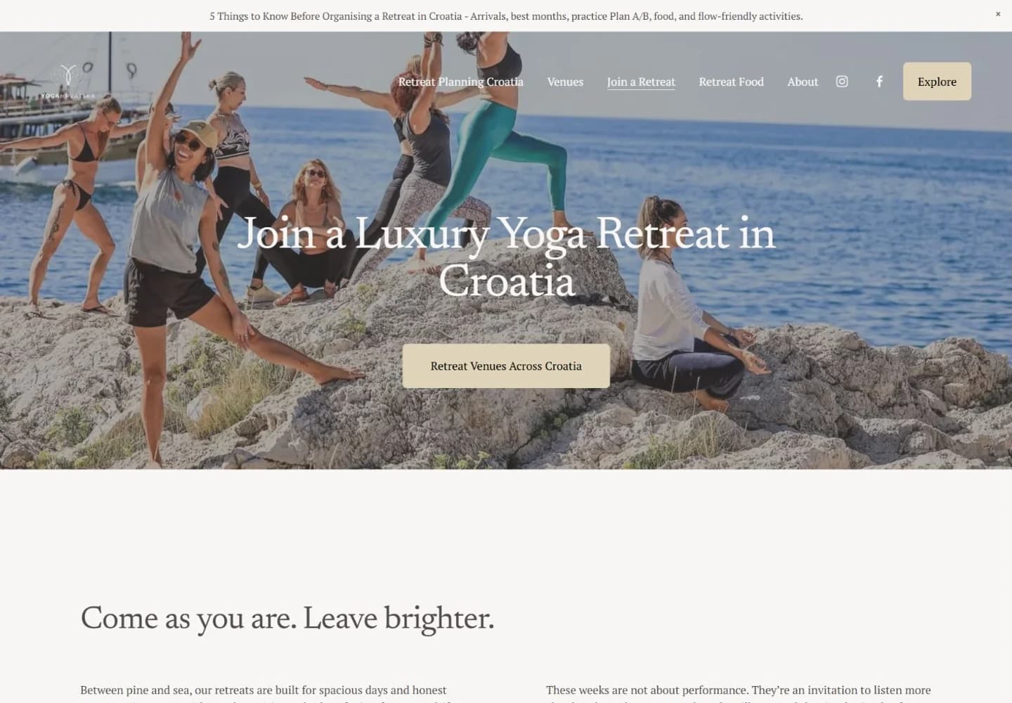 Yoga Hrvatska retreat page with a group practicing yoga on coastal rocks beside the Adriatic Sea